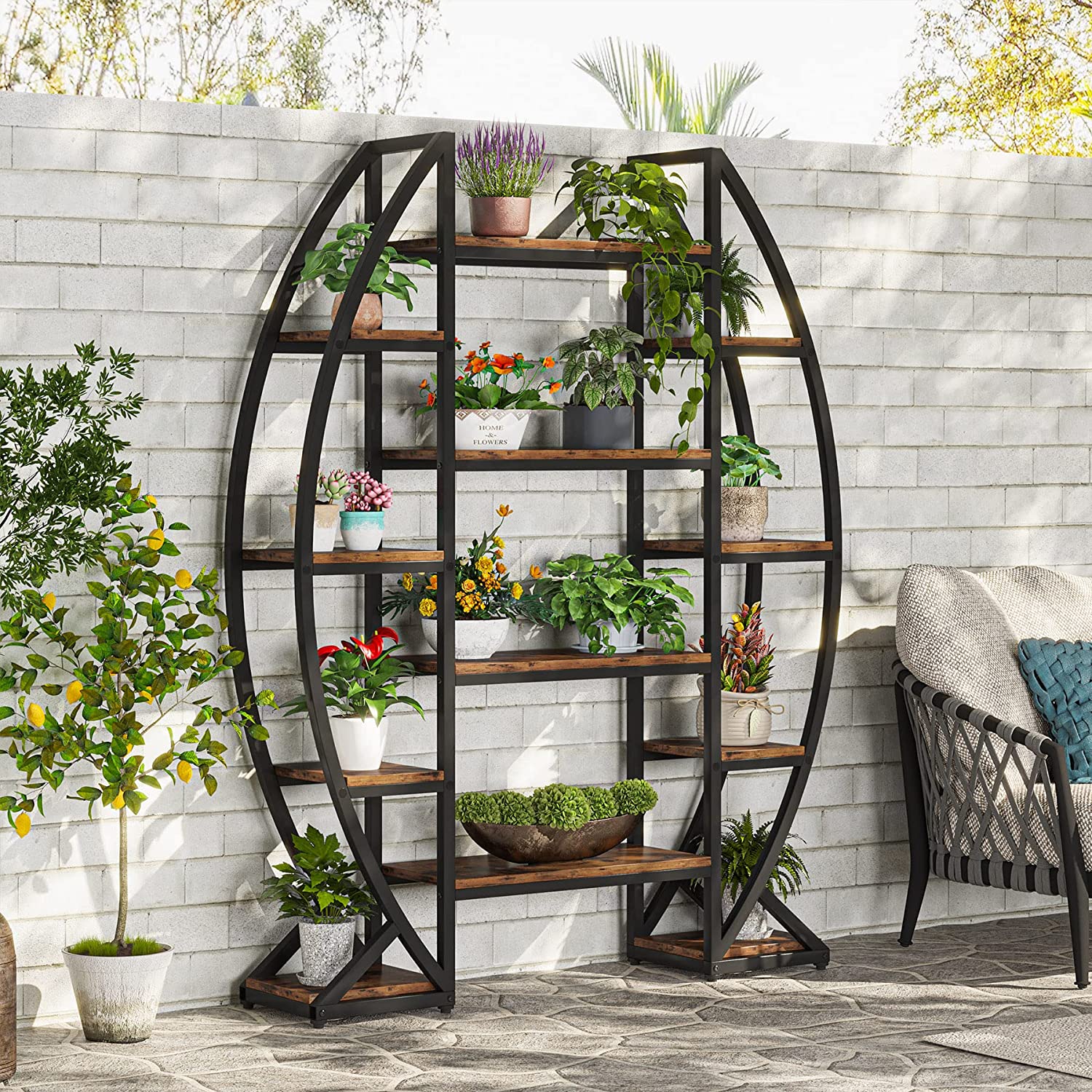 Tribesigns 70 inch Tall Metal Indoor Plant Stand, Large Triple Wide 5 Tier Half-Moon-Shaped Plant Shelf, Industrial Outdoor Curved Ladder Flower Pot